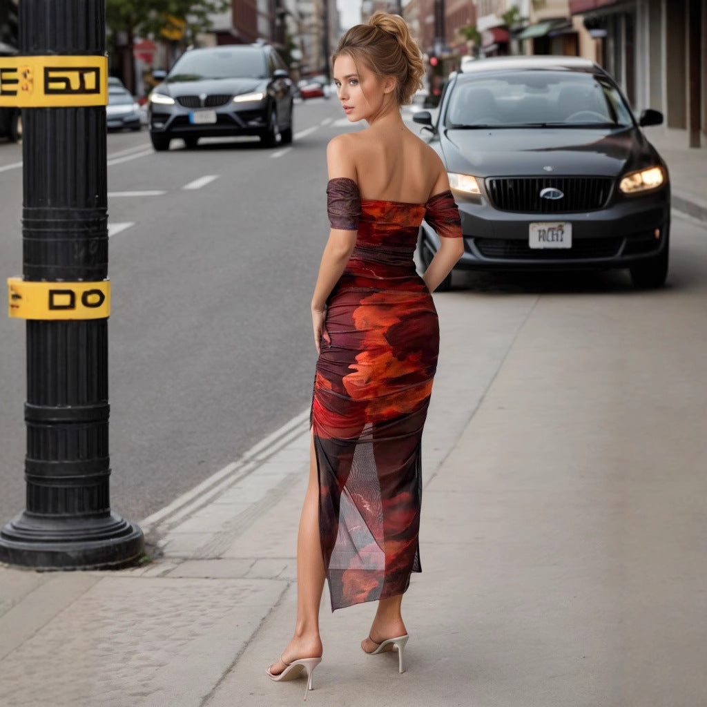 Summer Hip Fantasy Red off Neck Split Wavy Edge Sexy Mesh Dress Women Bella Mia